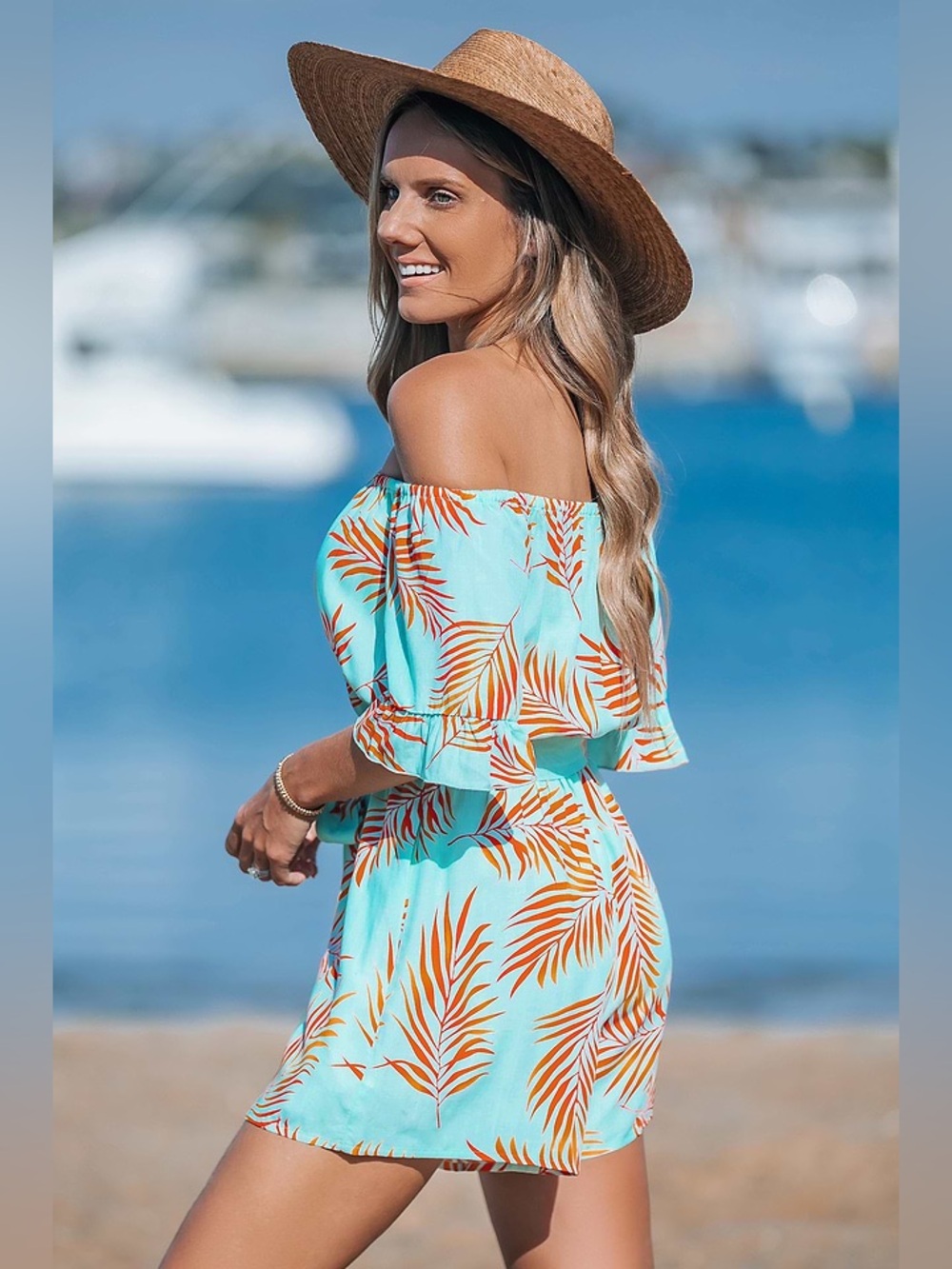 CUPSHE | Tropical Palms Off-Shoulder Wide Leg Romper